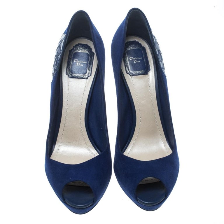 Dior Blue Suede and Patent Leather Miss Dior Peep Toe Platform Pumps ...
