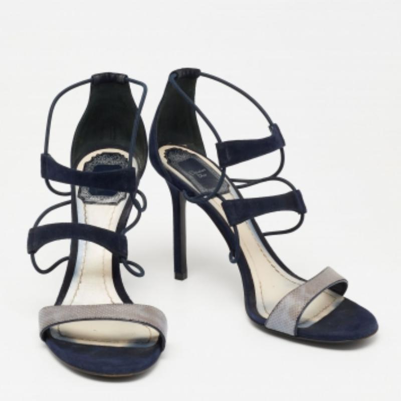 Black Dior Blue Suede And Python Embossed Leather Open Toe Strap Sandals Size 37 For Sale