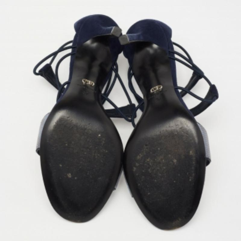 Dior Blue Suede And Python Embossed Leather Open Toe Strap Sandals Size 37 For Sale 1