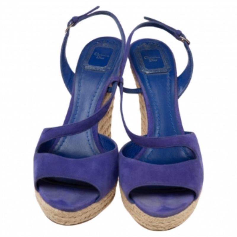 Dior Blue Suede Espadrille Platform Wedge Open Toe Ankle Strap Sandals Size 41 For Sale 1