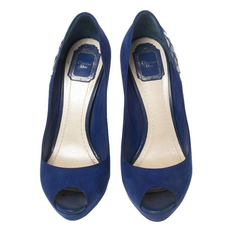 Dior Blue Suede Peep Toe Platform Pumps Size 40.5 For Sale 1