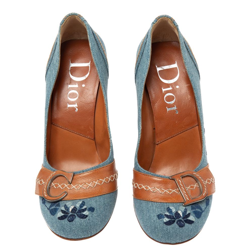 Brown Dior Blue/Tan Denim And Leather CD Logo Pumps Size 38
