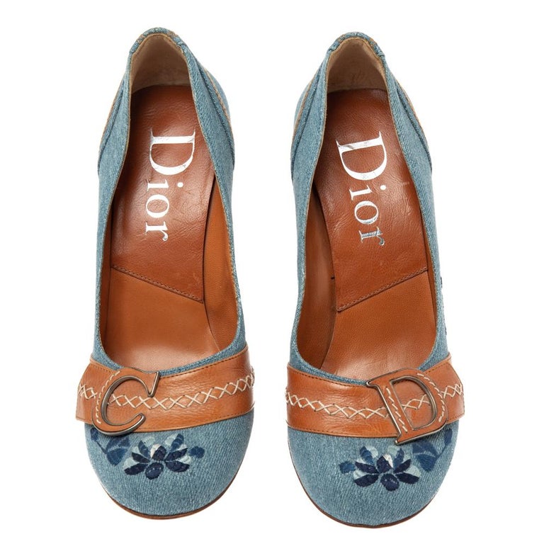 Dior Blue/Tan Denim And Leather CD Logo Pumps Size 38 at 1stDibs