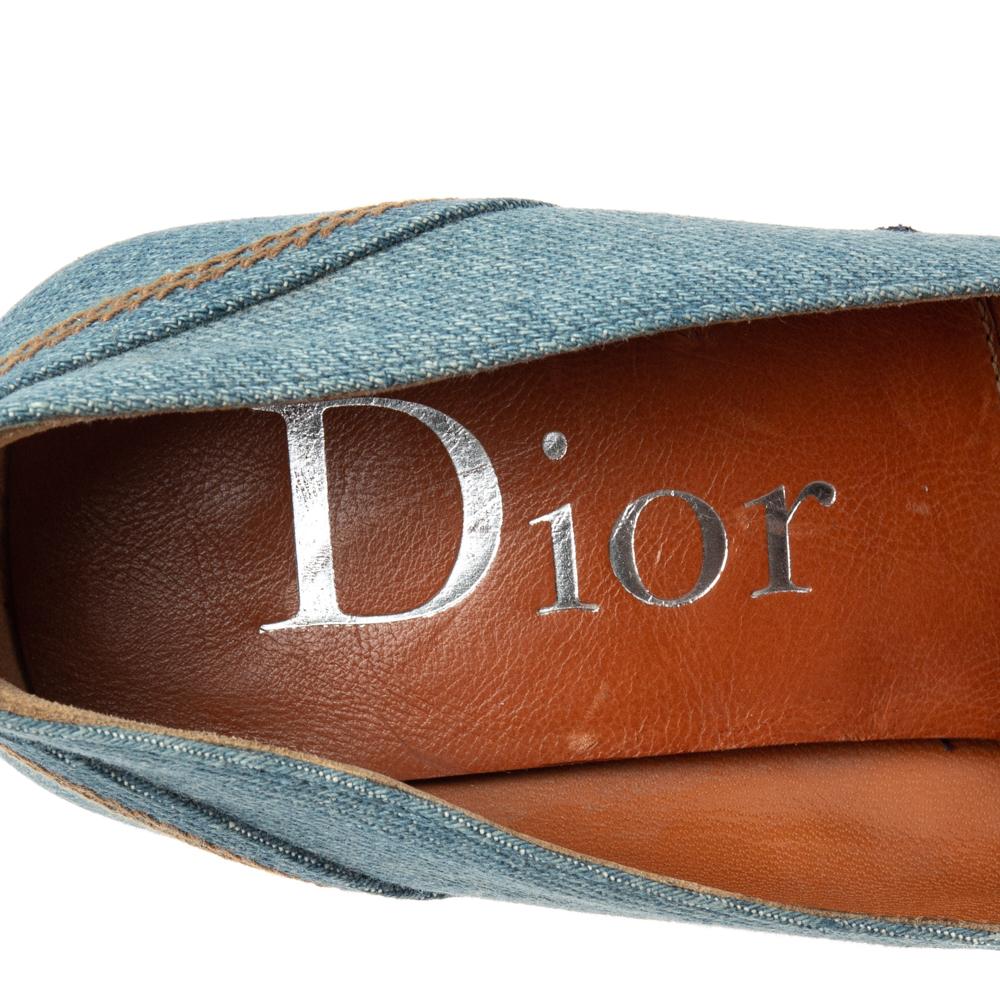 Dior Blue/Tan Denim And Leather CD Logo Pumps Size 38 In Excellent Condition In Dubai, Al Qouz 2