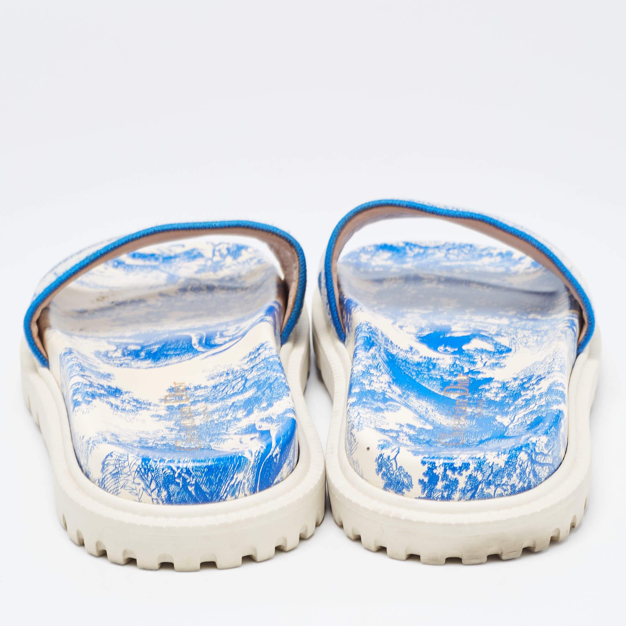 Gray Dior Blue/White Embroidered Canvas Toile De Jouy Dway Slides Size 39