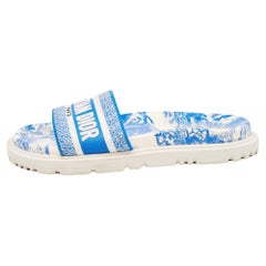 Dior Blue/White Embroidered Canvas Toile De Jouy Dway Slides Size 39