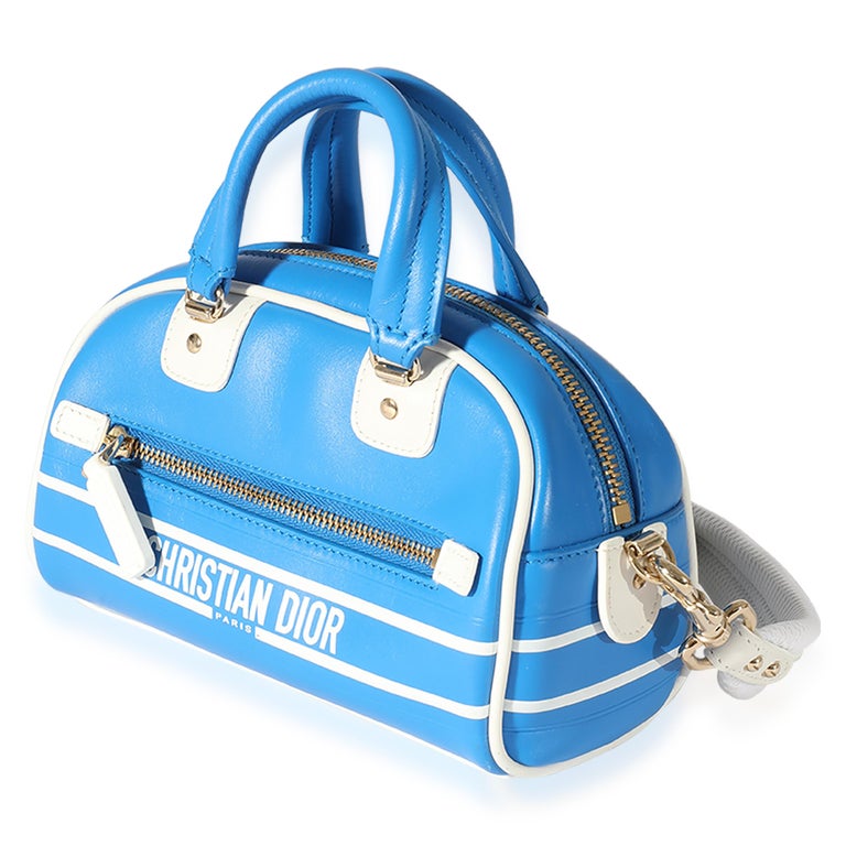 Dior Blue and White Smooth Calfskin Micro Vibe Zip Bowling Bag For Sale