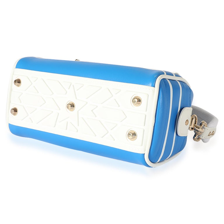 Dior Blue and White Smooth Calfskin Micro Vibe Zip Bowling Bag For Sale