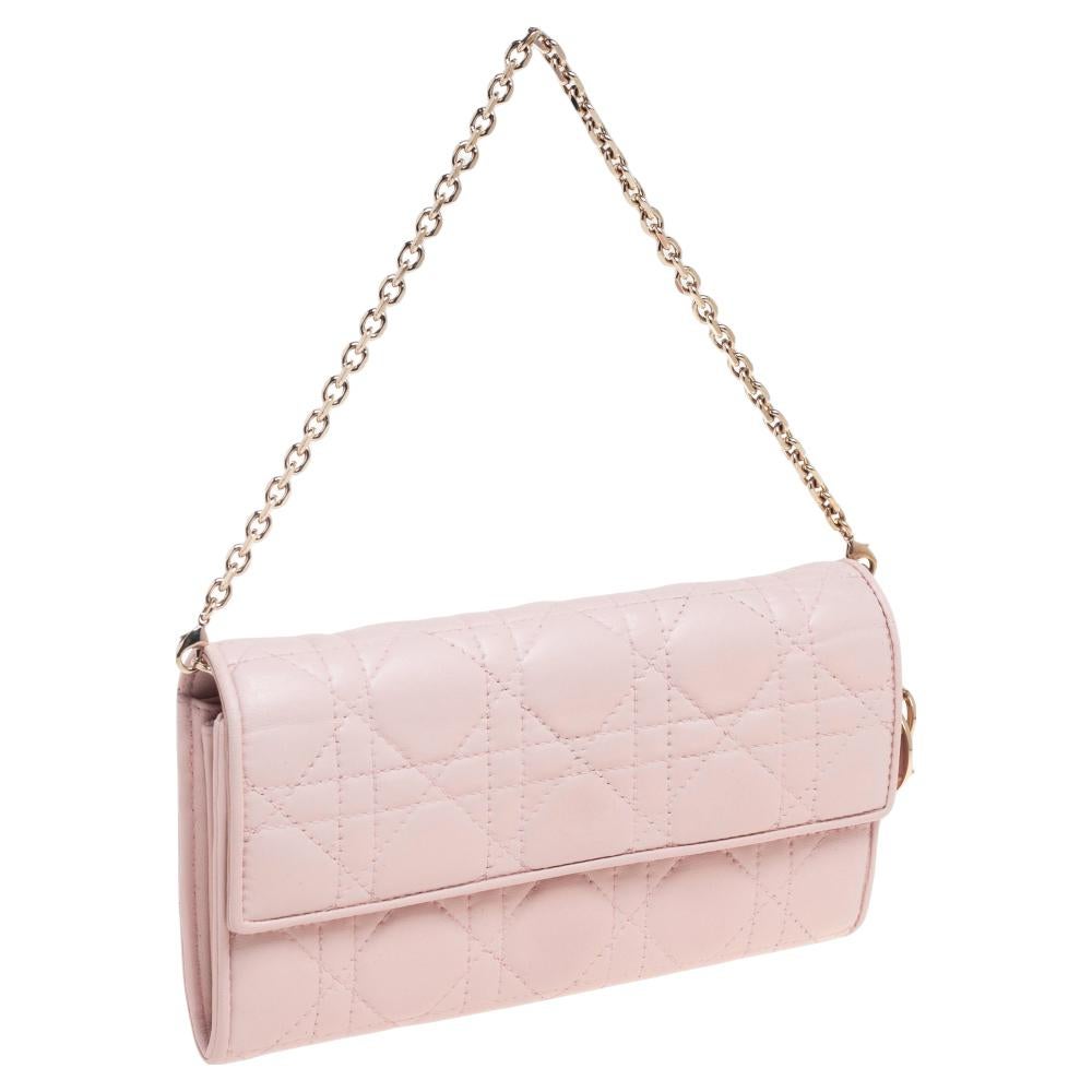 Dior Blush Pink Cannage Leather Lady Dior Wallet On Chain In Good Condition In Dubai, Al Qouz 2