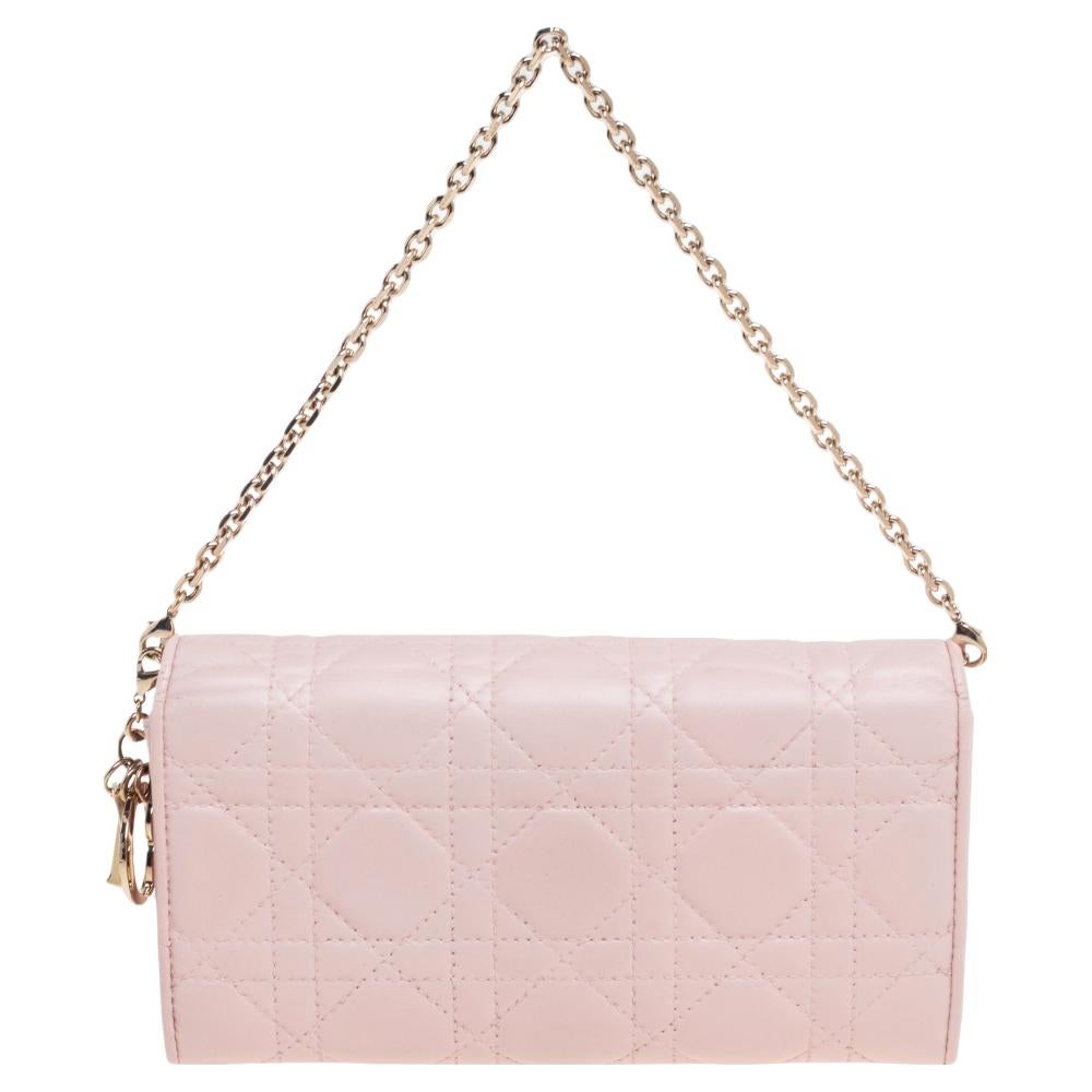 Women's Dior Blush Pink Cannage Leather Lady Dior Wallet On Chain