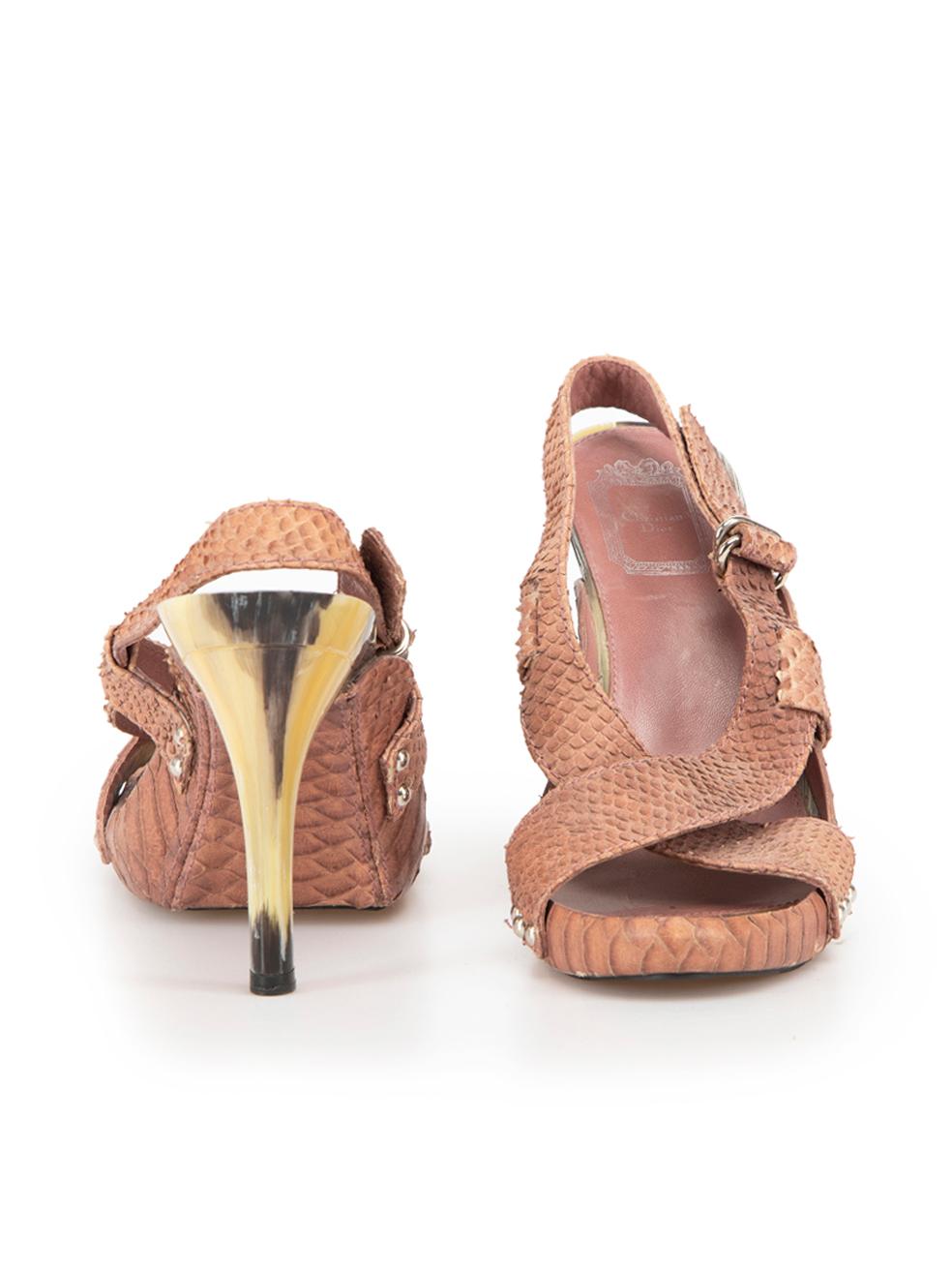 Marron Dior Blush Pink Snakeskin Cross Strap Sandals Size IT 38.5 en vente