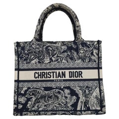 Used Dior Book Tote Ecru and Blue Toile de Jouy Embroidery Bag