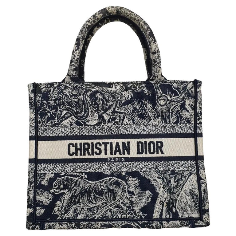 Small Dior Book Tote White and Navy Blue Toile de Jouy Embroidery