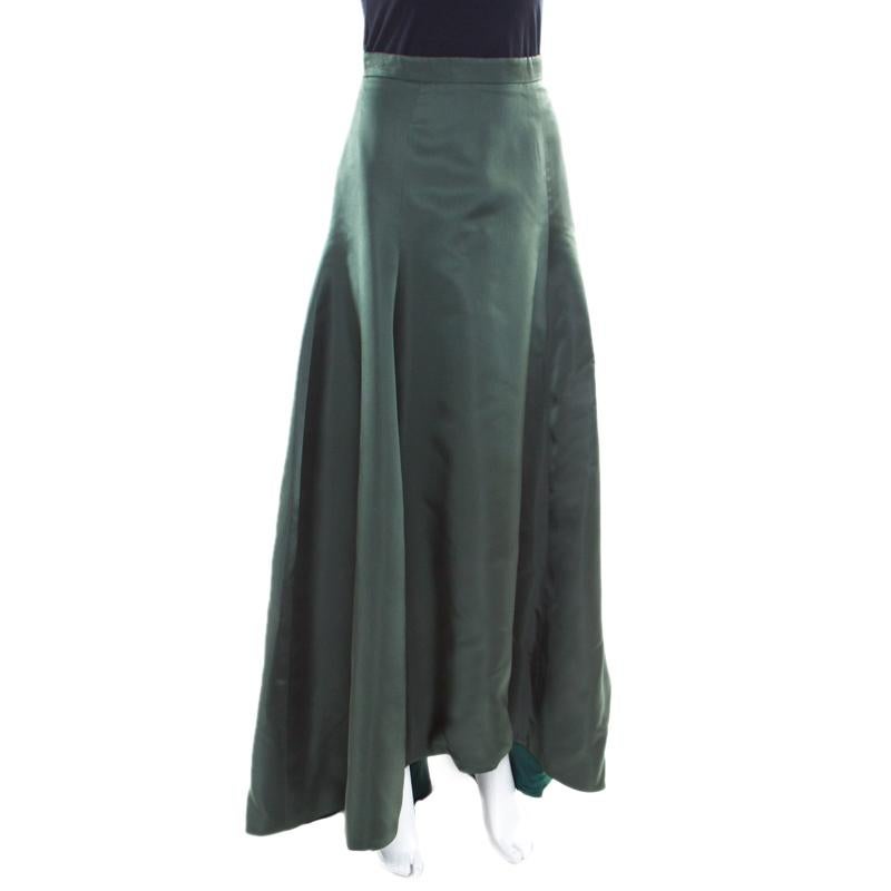 Black Dior Bottle Green Silk Satin Flared High Waist Maxi Skirt S