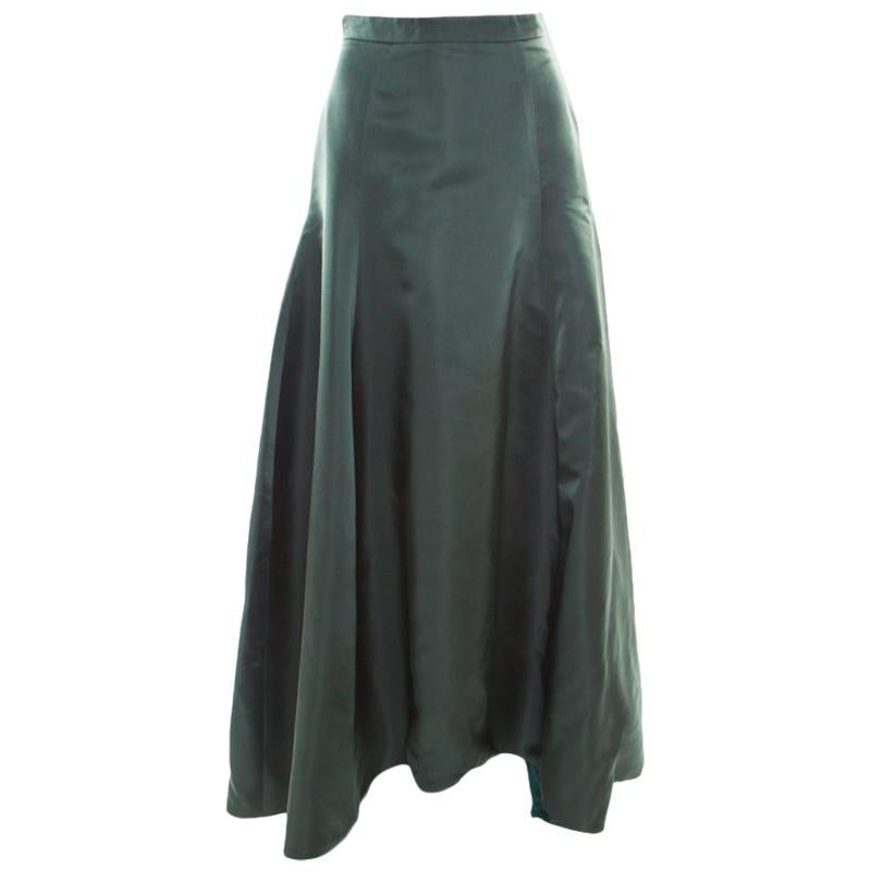 Dior Bottle Green Silk Satin Flared High Waist Maxi Skirt S