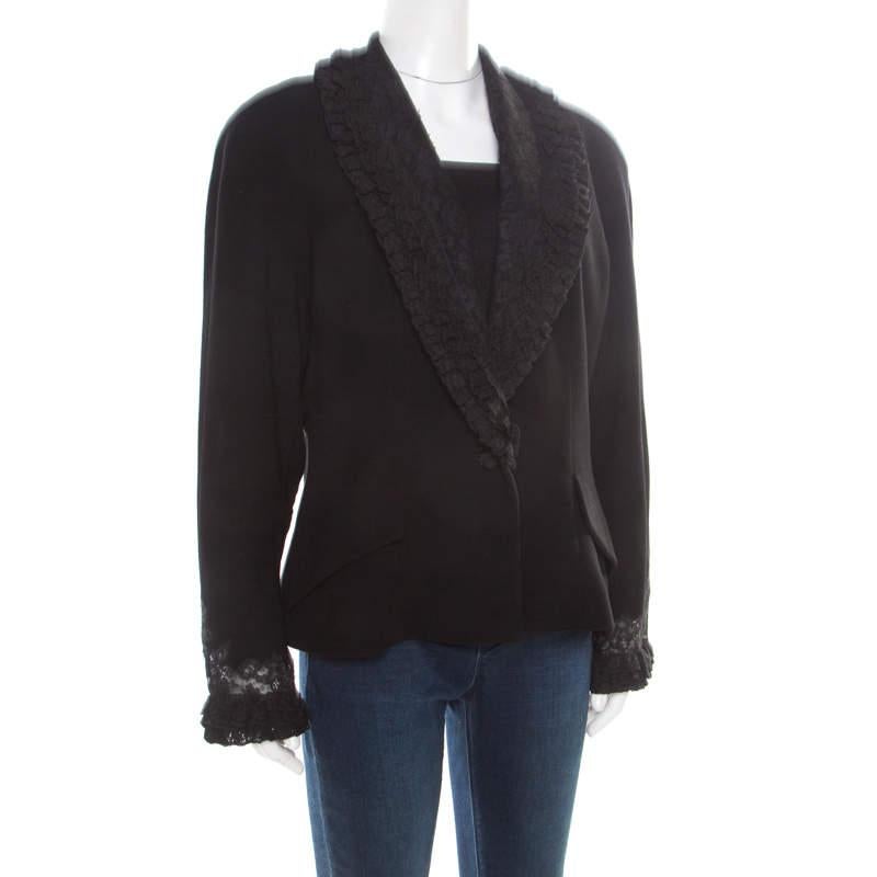 Dior Boutique Black Wool Ruffled Lace Collar and Cuff Detail Jacket XL In Good Condition For Sale In Dubai, Al Qouz 2