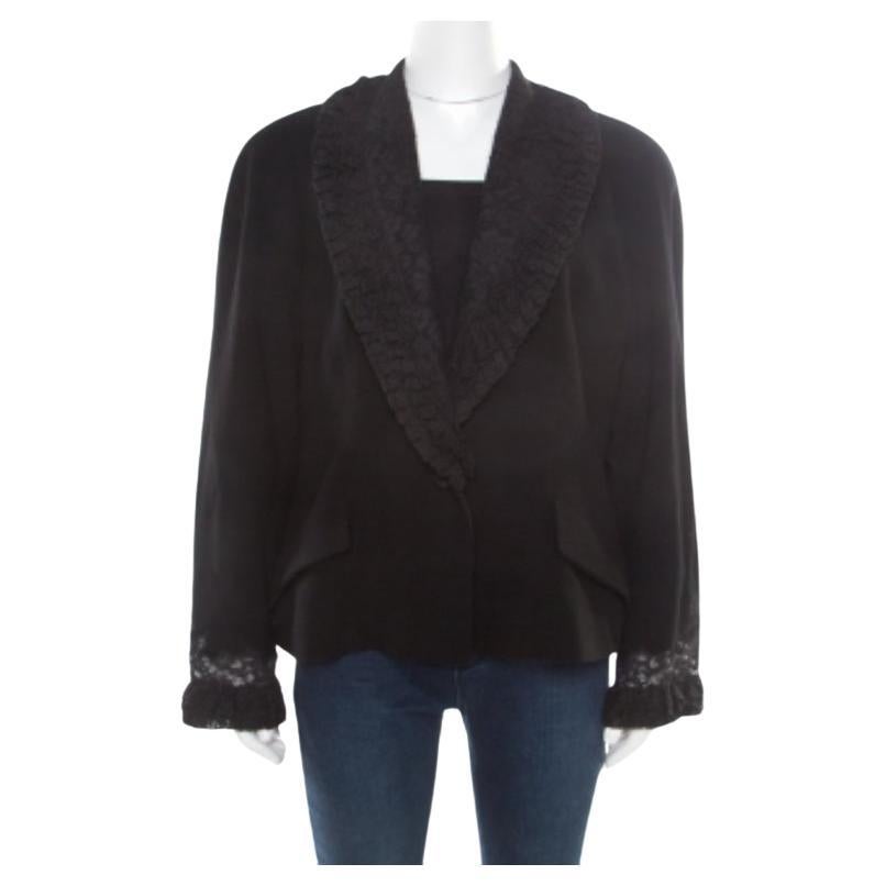 Dior Boutique Dior Veste noire à col et manches en dentelle à volants XL