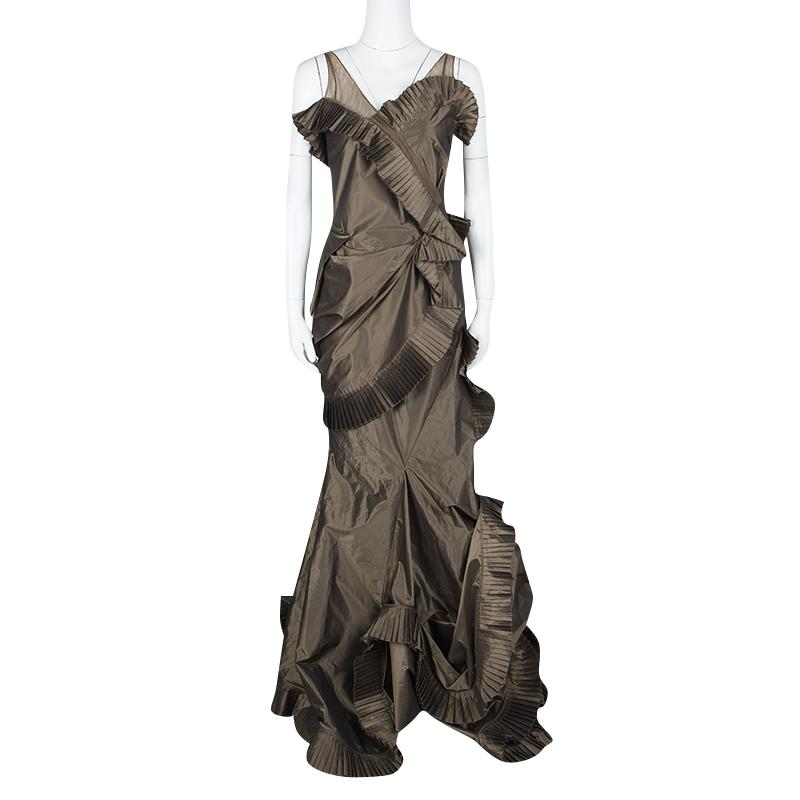 Black Dior Boutique Brown Pleated Ruffle Detail Sleeveless Tiered Evening Gown S