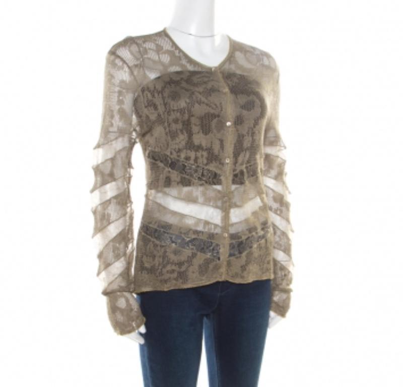 Dior Boutique Lace Olivgrün Perforierte Strickjacke mit Spitzeneinsatz und Knöpfen L (Grau) im Angebot