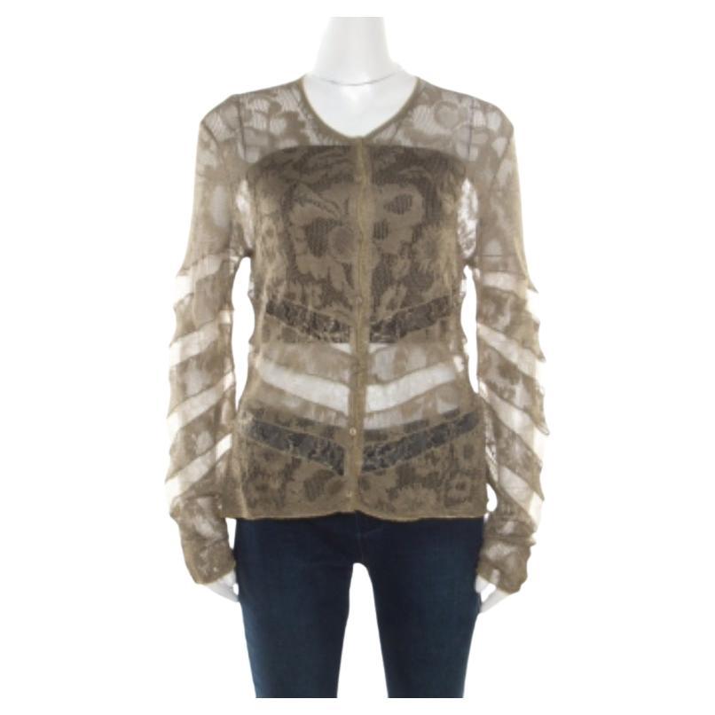 Dior Boutique Lace Olivgrün Perforierte Strickjacke mit Spitzeneinsatz und Knöpfen L im Angebot