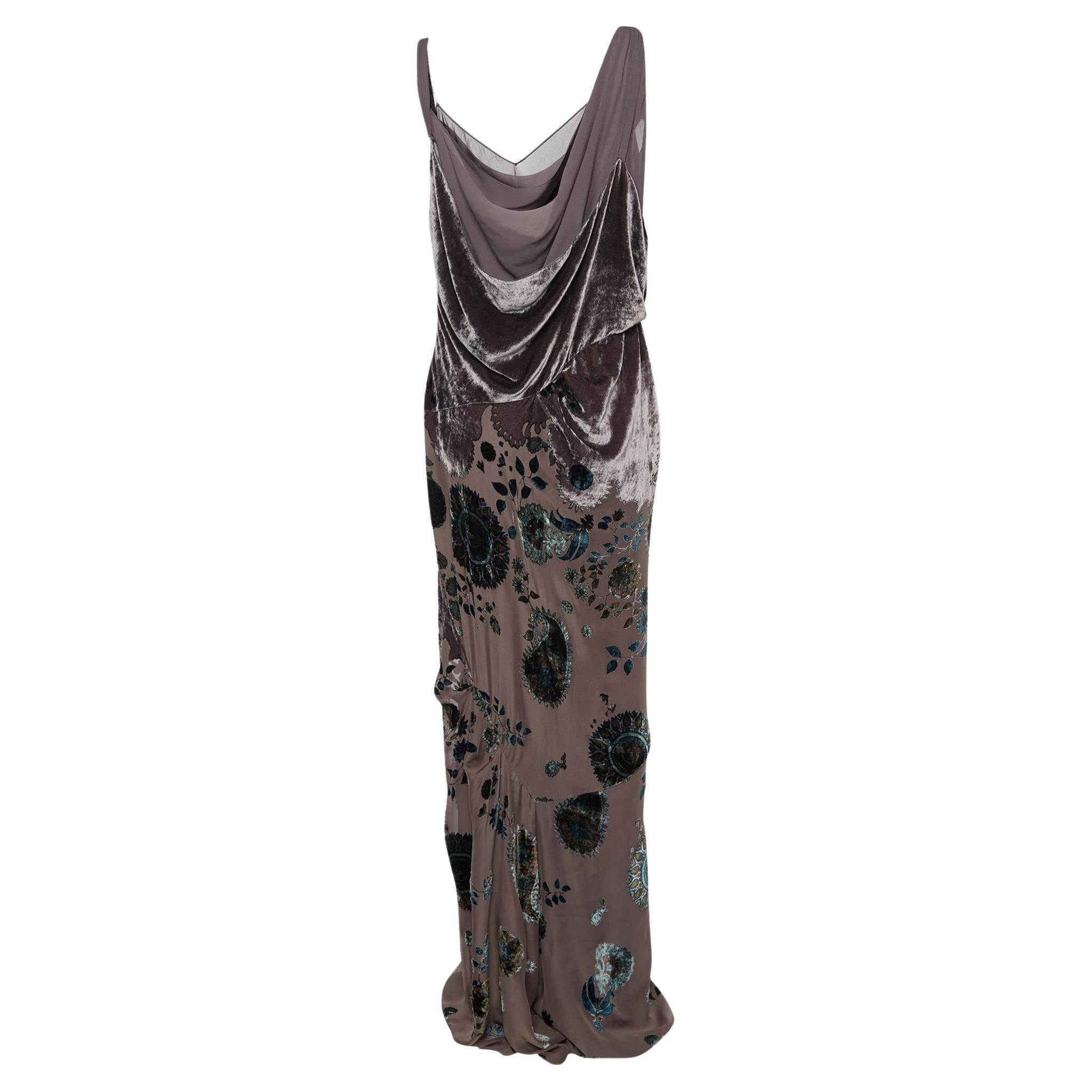 Dior Boutique Vintage Taupe Floral Devore Velvet Draped Dress L For Sale