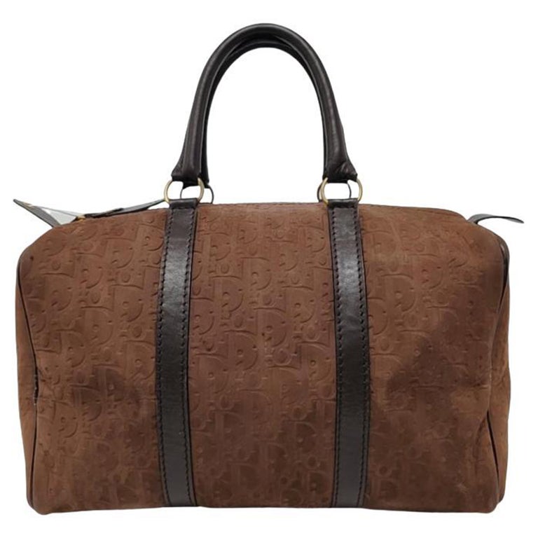 Dior Bowling Bag Brown Suede Monogram Black Handles 30cm For Sale