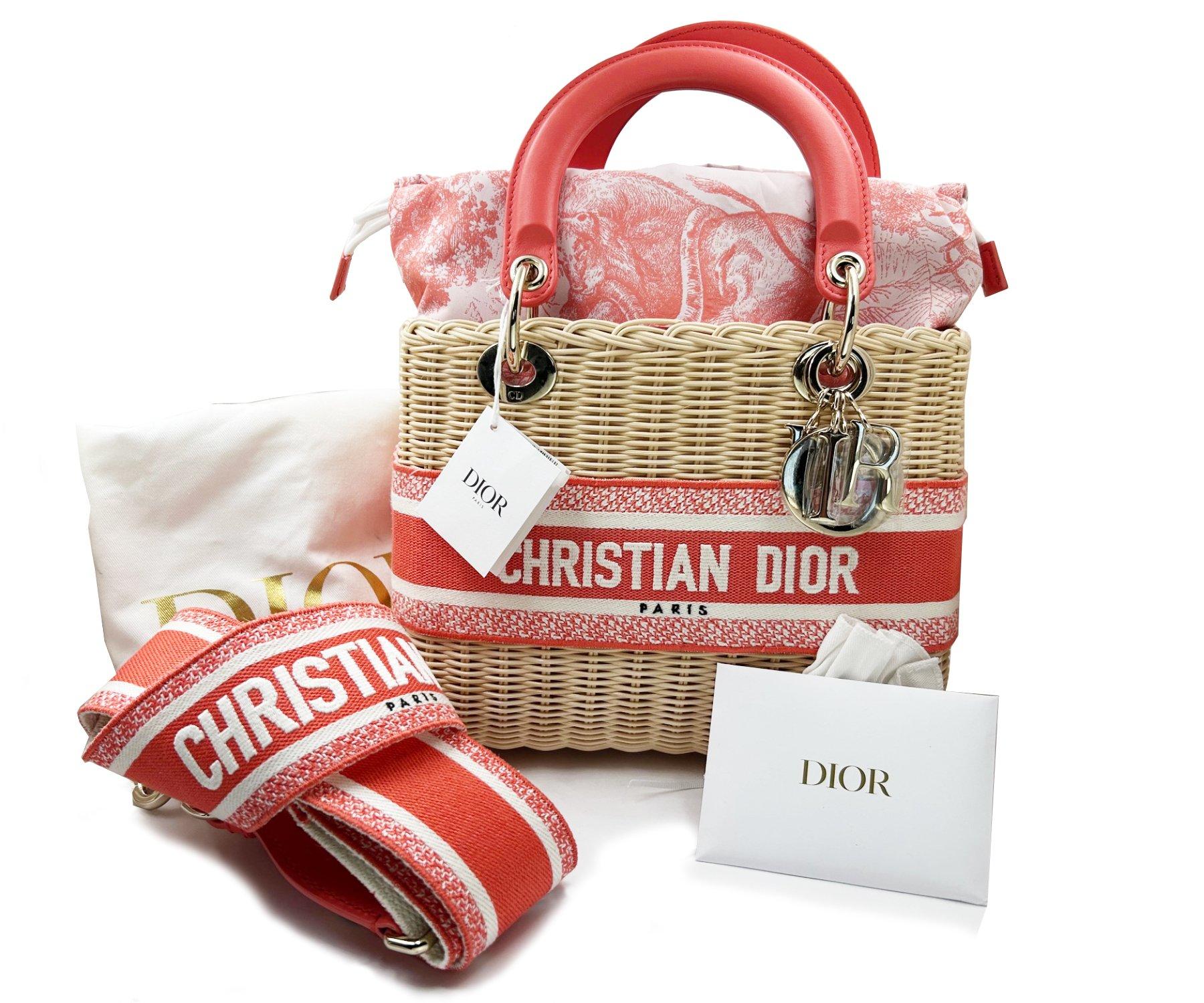 Dior Brand New Sold Out Diorviera Lady Dior Coral Medium Basket Crossbody Bag

* Marked Christian Dior
* Made in Italy
* Comes with everything in the original package- original dustbag, tag, booklet, card and pouch for the charms.
* Brand New and