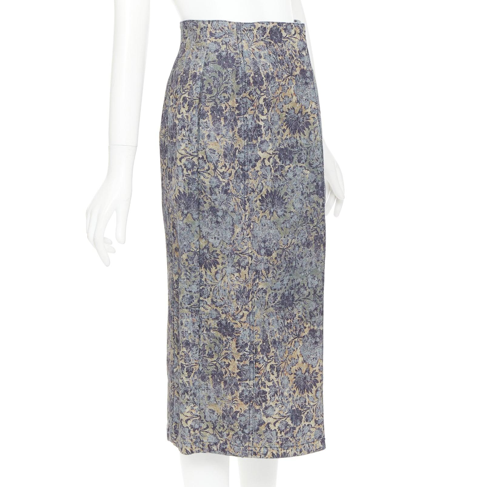 Gray DIOR Brocart blue beige floral brocade denim knee skirt FR36 S For Sale