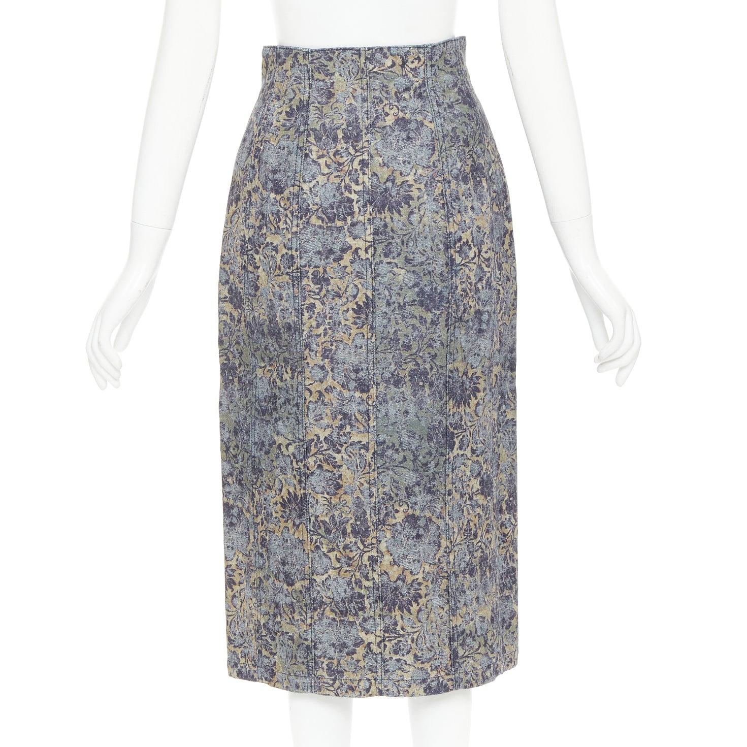 Women's DIOR Brocart blue beige floral brocade denim knee skirt FR36 S For Sale