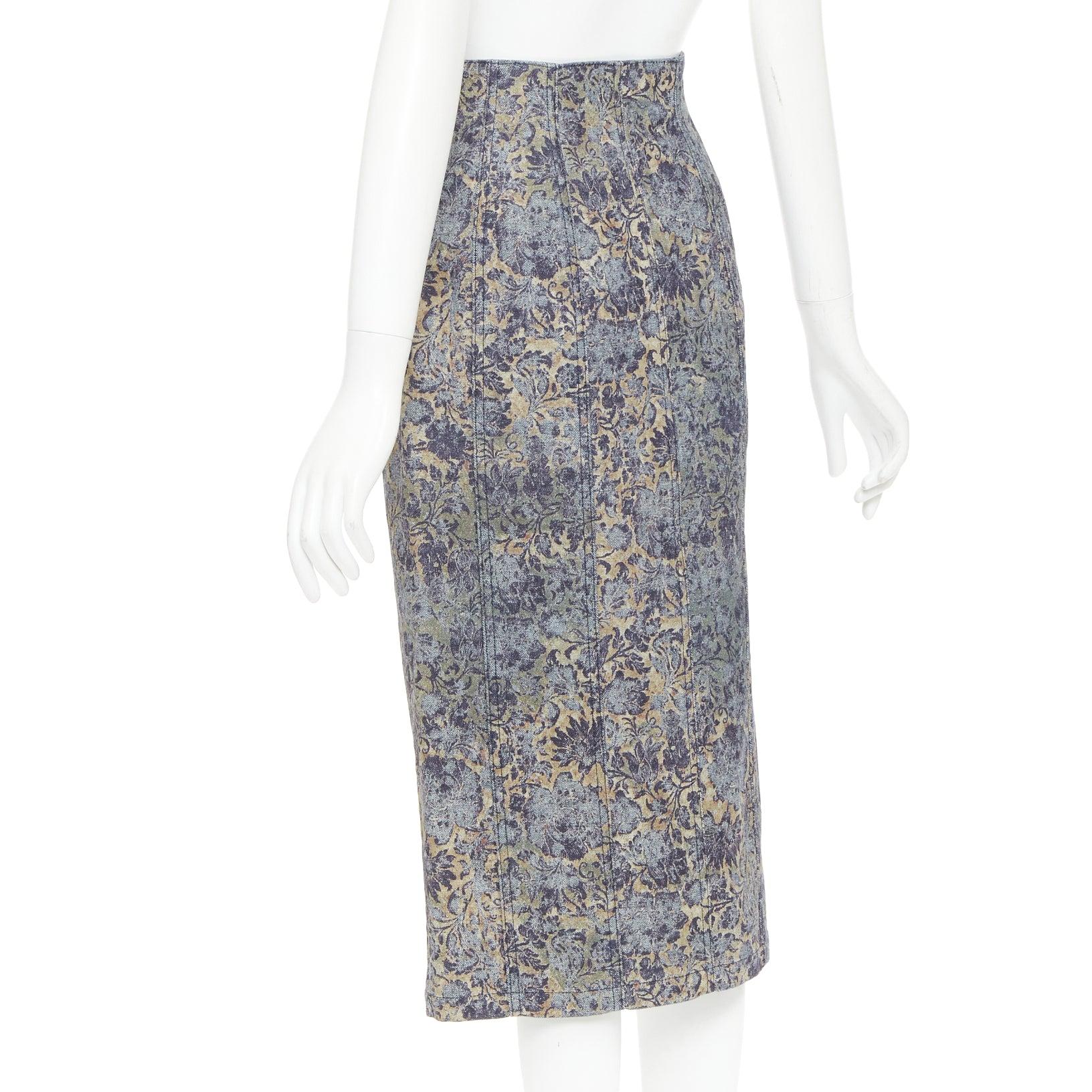 DIOR Brocart blue beige floral brocade denim knee skirt FR36 S For Sale 1
