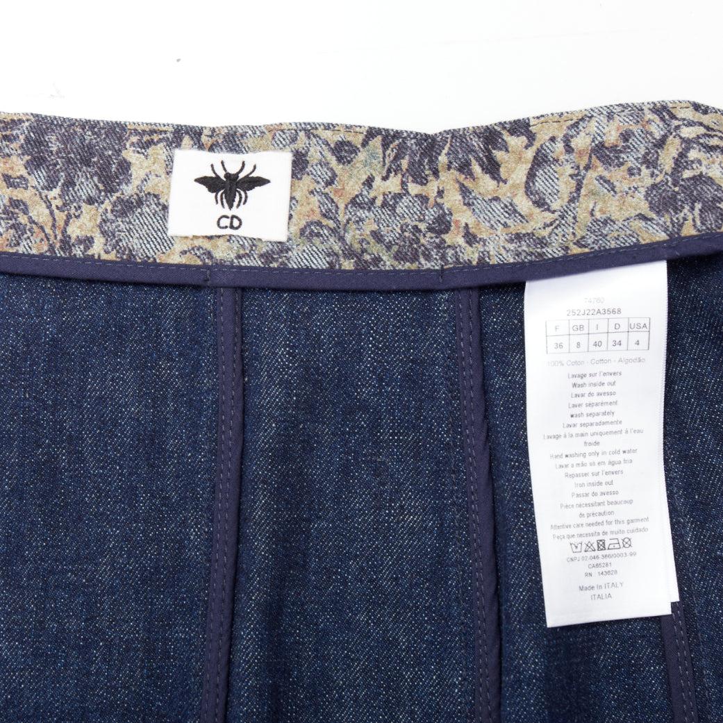 DIOR Brocart blue beige floral brocade denim knee skirt FR36 S For Sale 3