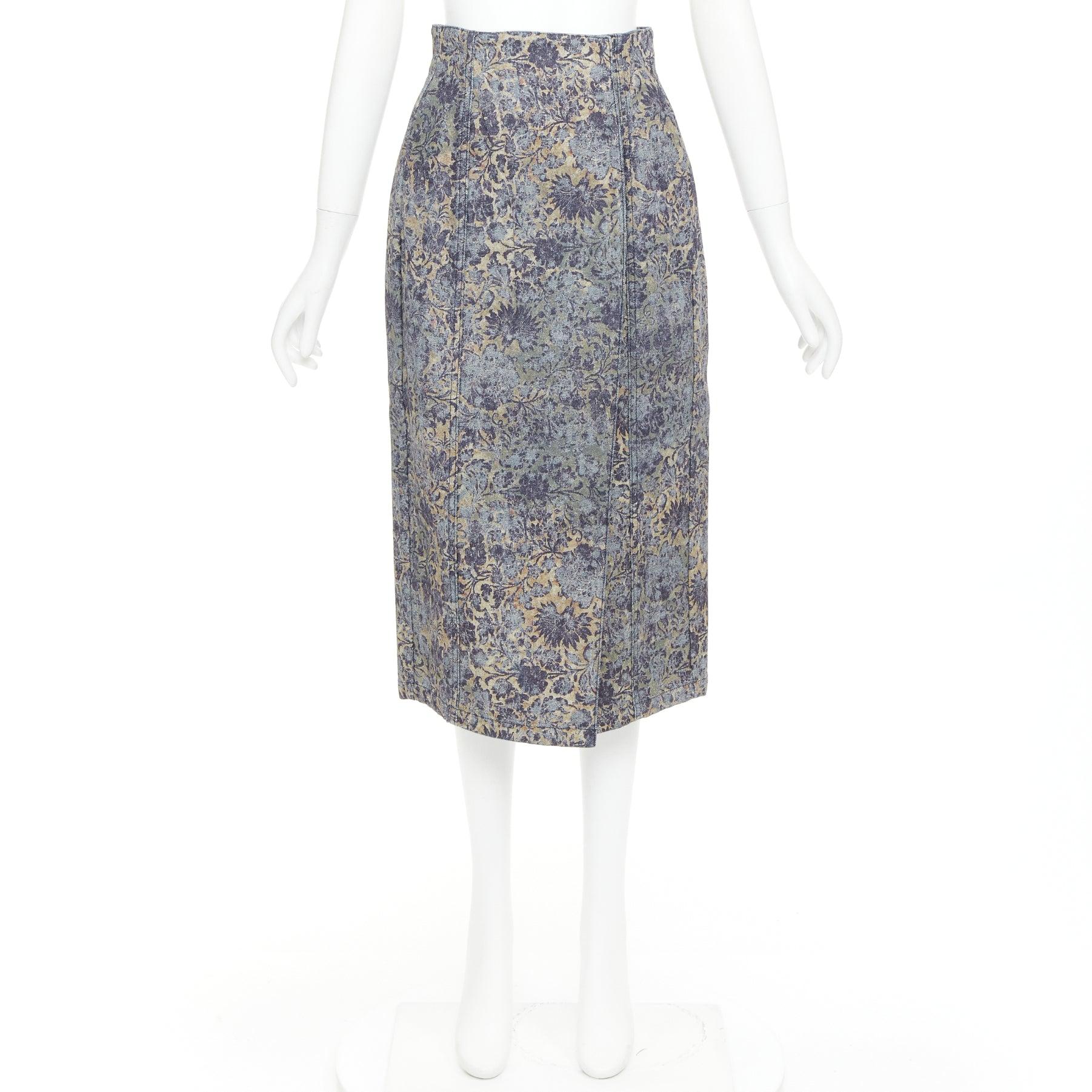 DIOR Brocart blue beige floral brocade denim knee skirt FR36 S For Sale 4