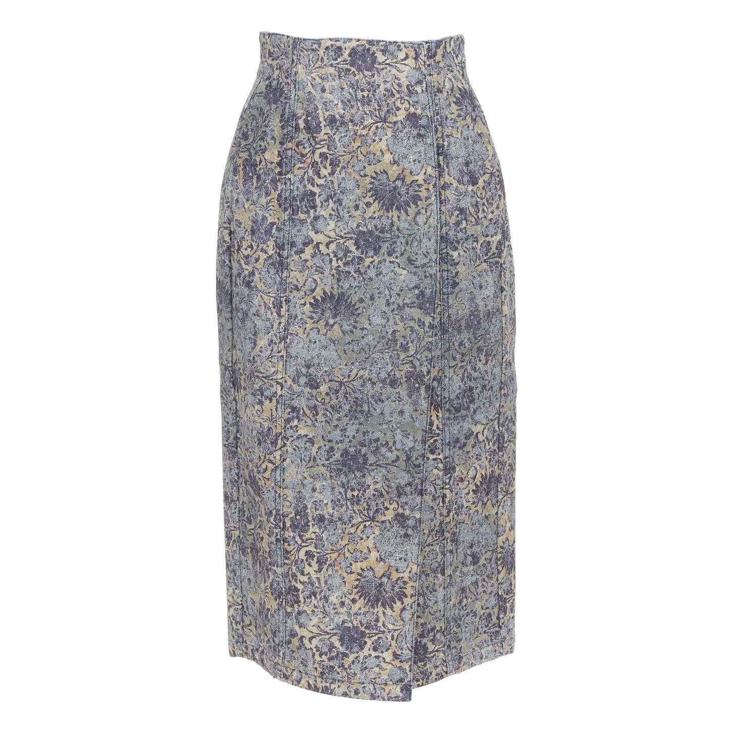 DIOR Brocart blue beige floral brocade denim knee skirt FR36 S For Sale