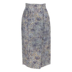 DIOR Brocart bleu beige brocart floral jupe genou en denim FR36 S