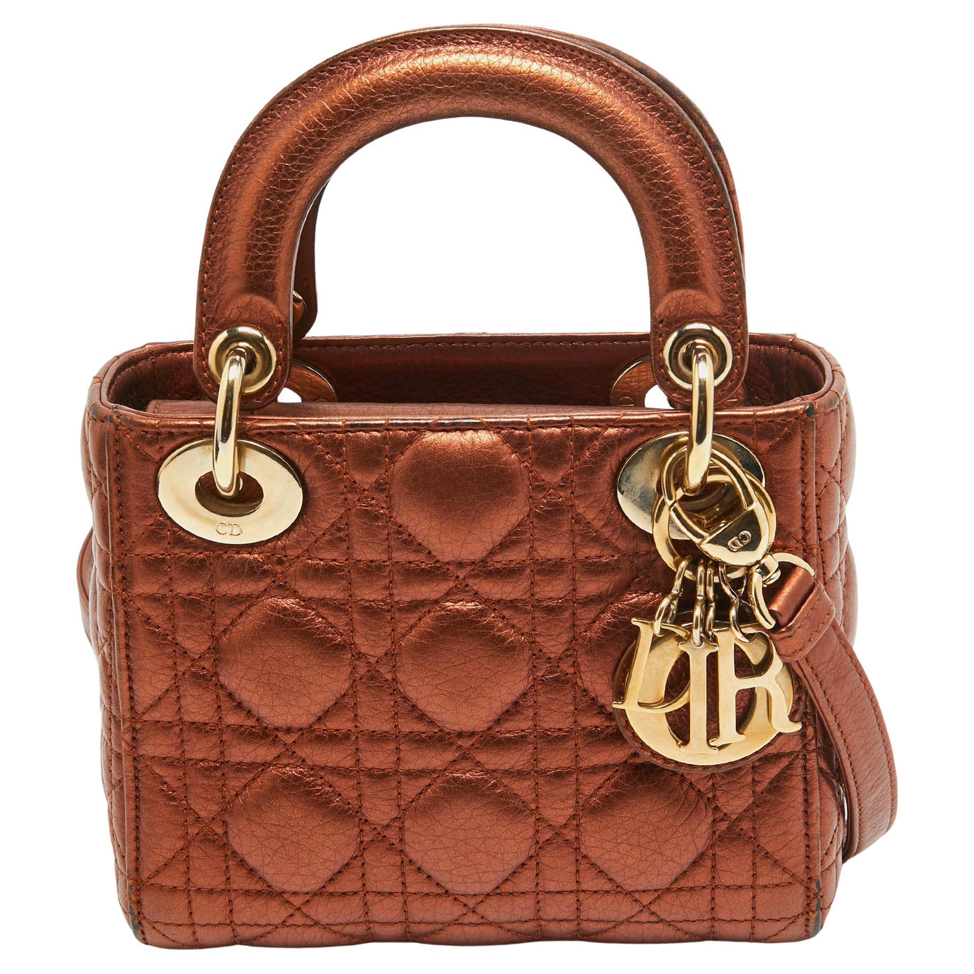 Dior Bronze Cannage Leather Mini Lady Dior Tote For Sale
