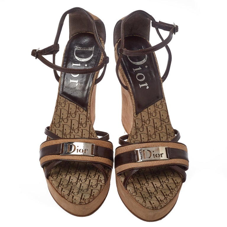 Dior Brown/Beige Leather and Nubuck Diorissimo Wedge Platform Sandals ...