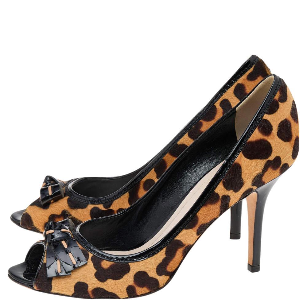 Women's Dior Brown/Black Leopard Print Calf Hair Bow Open Toe Pumps Size 40