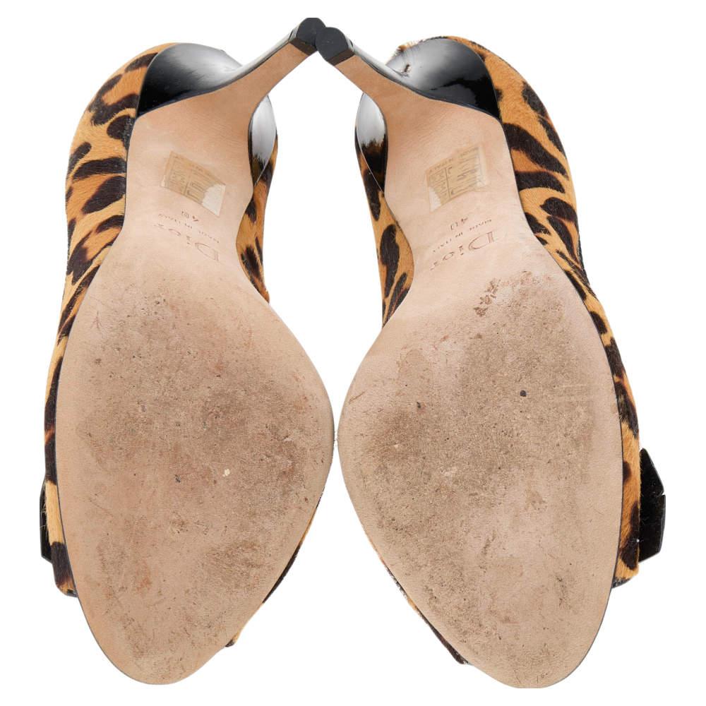 Dior Brown/Black Leopard Print Calf Hair Bow Open Toe Pumps Size 40 2
