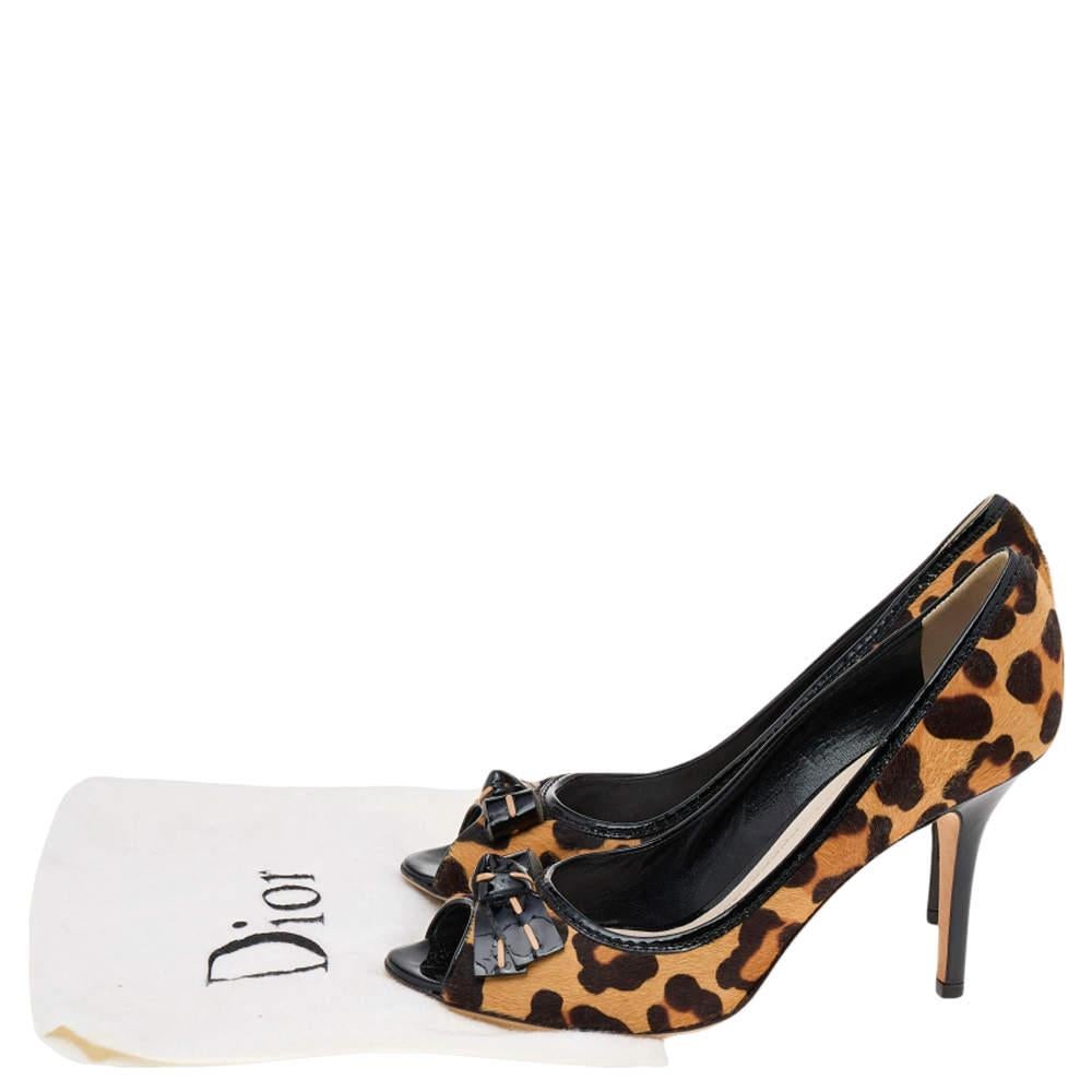 Dior Brown/Black Leopard Print Calf Hair Bow Open Toe Pumps Size 40 4