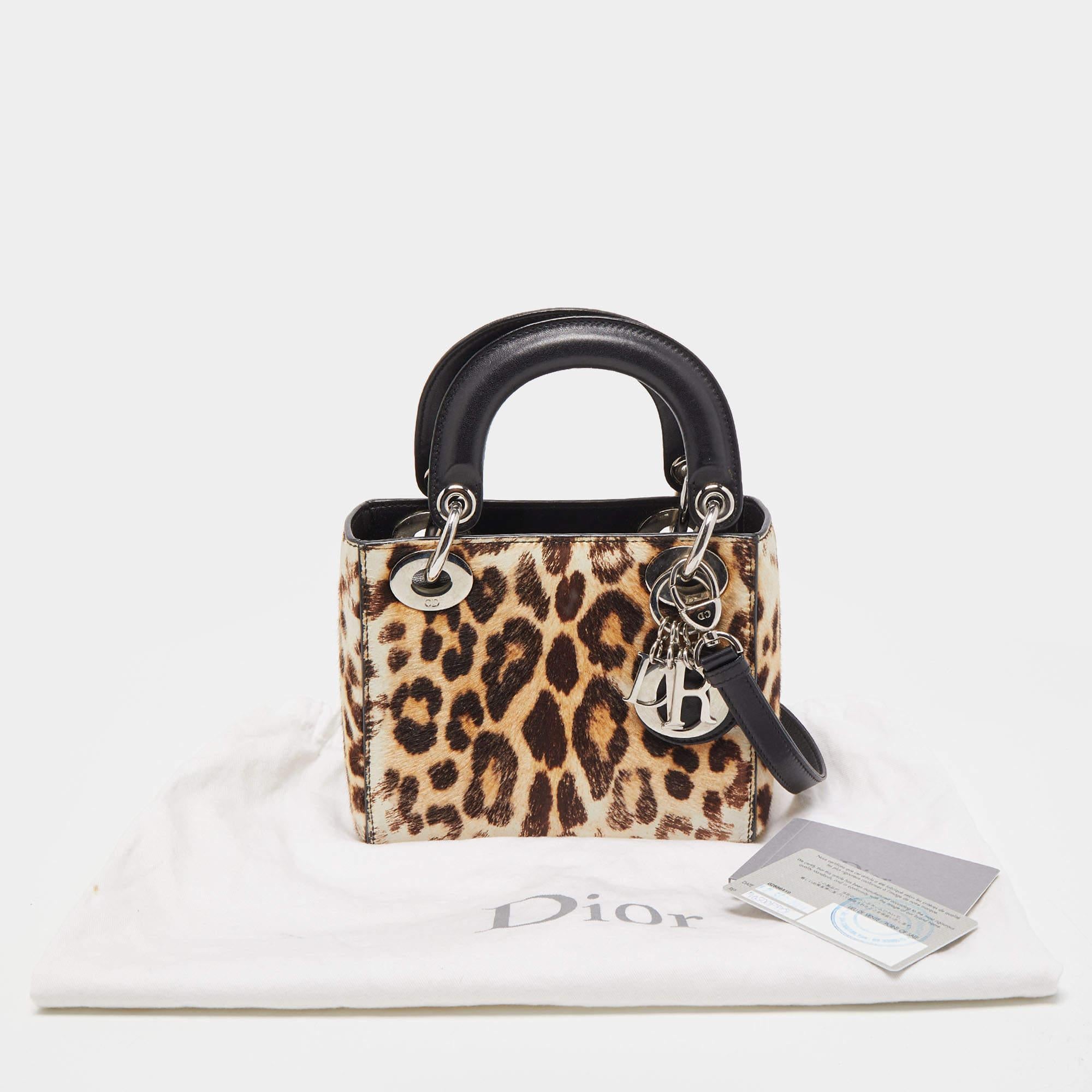 Dior Brown/Black Fourre-tout Mini Lady Dior en cuir et poils de veau imprimé léopard 5