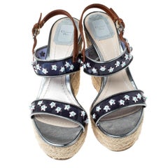 Dior Brown/Blue Flower Embellished Wedge Platform Espadrille Sandals Size 38.5
