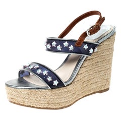 Dior Brown/Blue Flower Embellished Wedge Platform Espadrille Sandals Size 38.5
