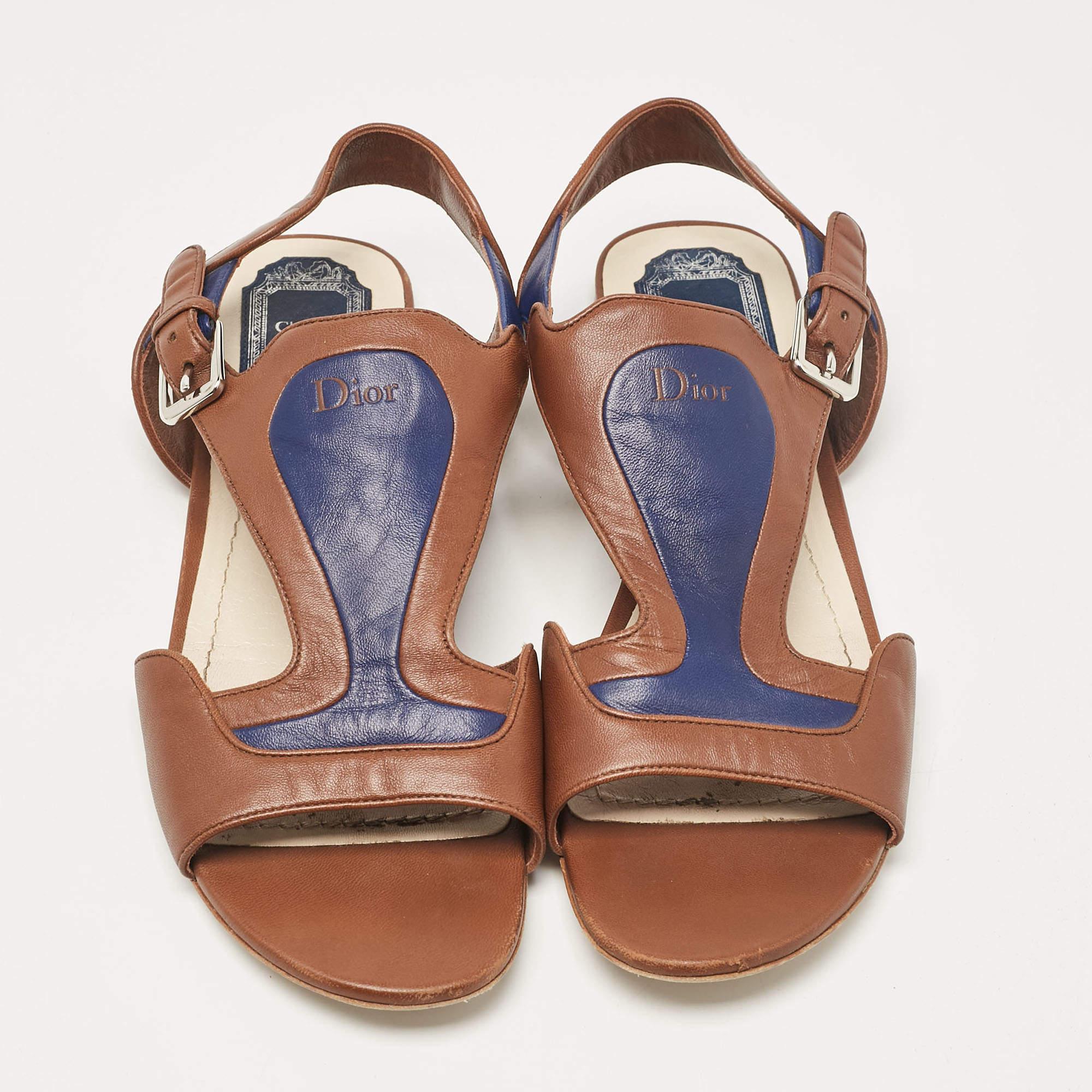 Dior Brown/Blue Leather Ankle Strap Flat Sandals Size 40.5 In Good Condition In Dubai, Al Qouz 2