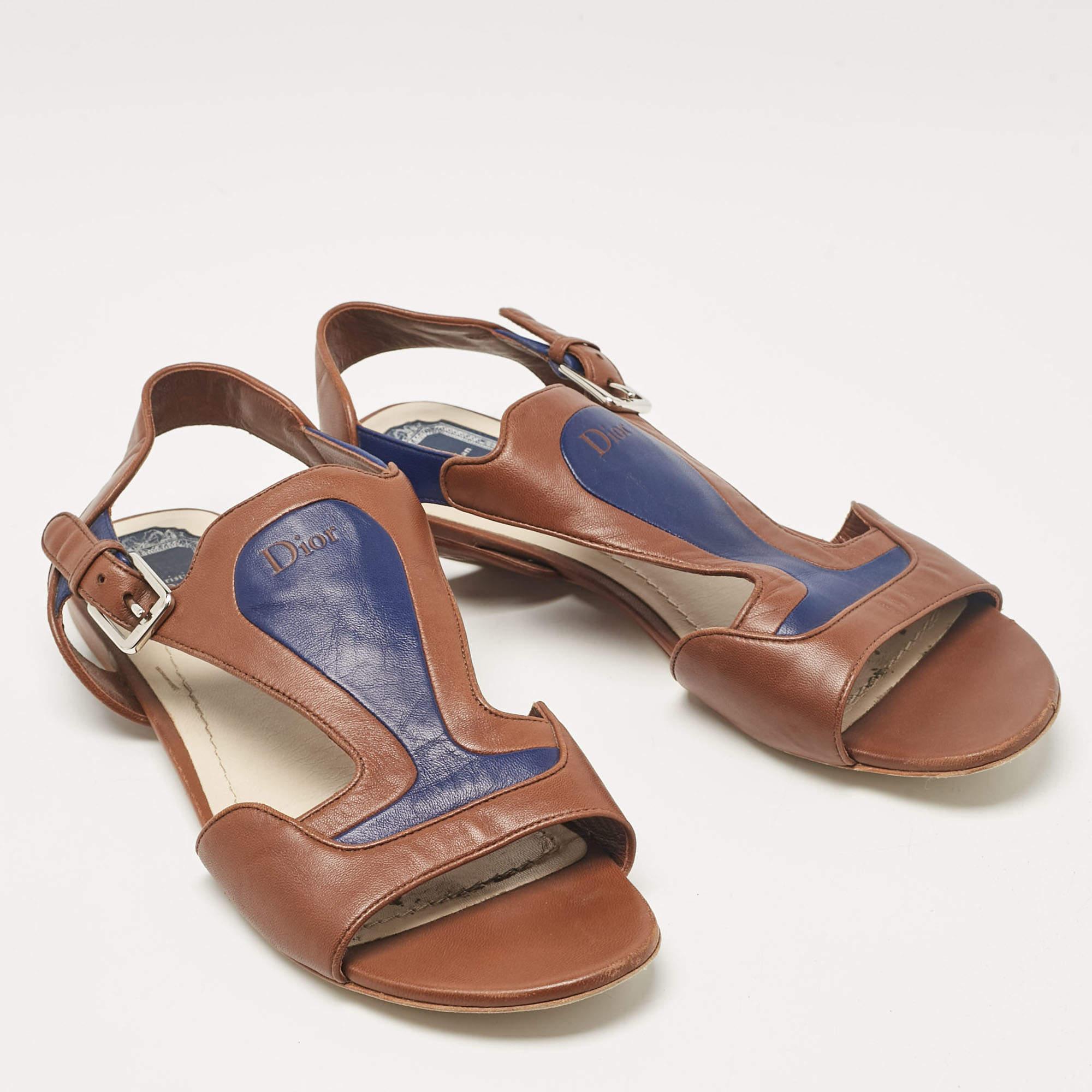 Women's Dior Brown/Blue Leather Ankle Strap Flat Sandals Size 40.5