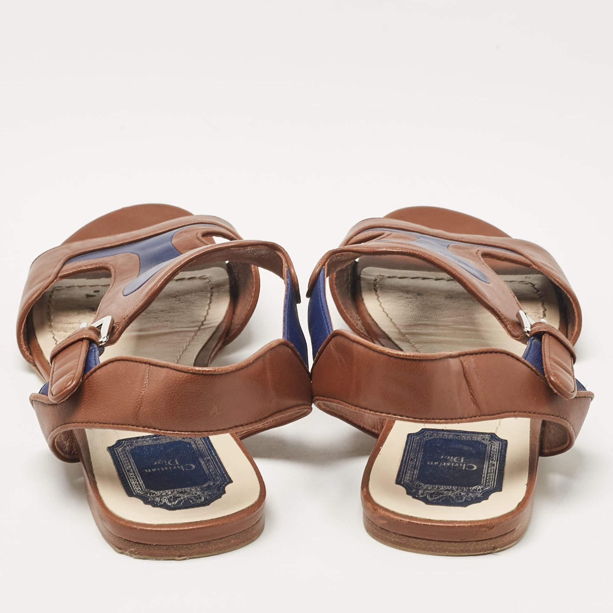 Dior Brown/Blue Leather Ankle Strap Flat Sandals Size 40.5 1