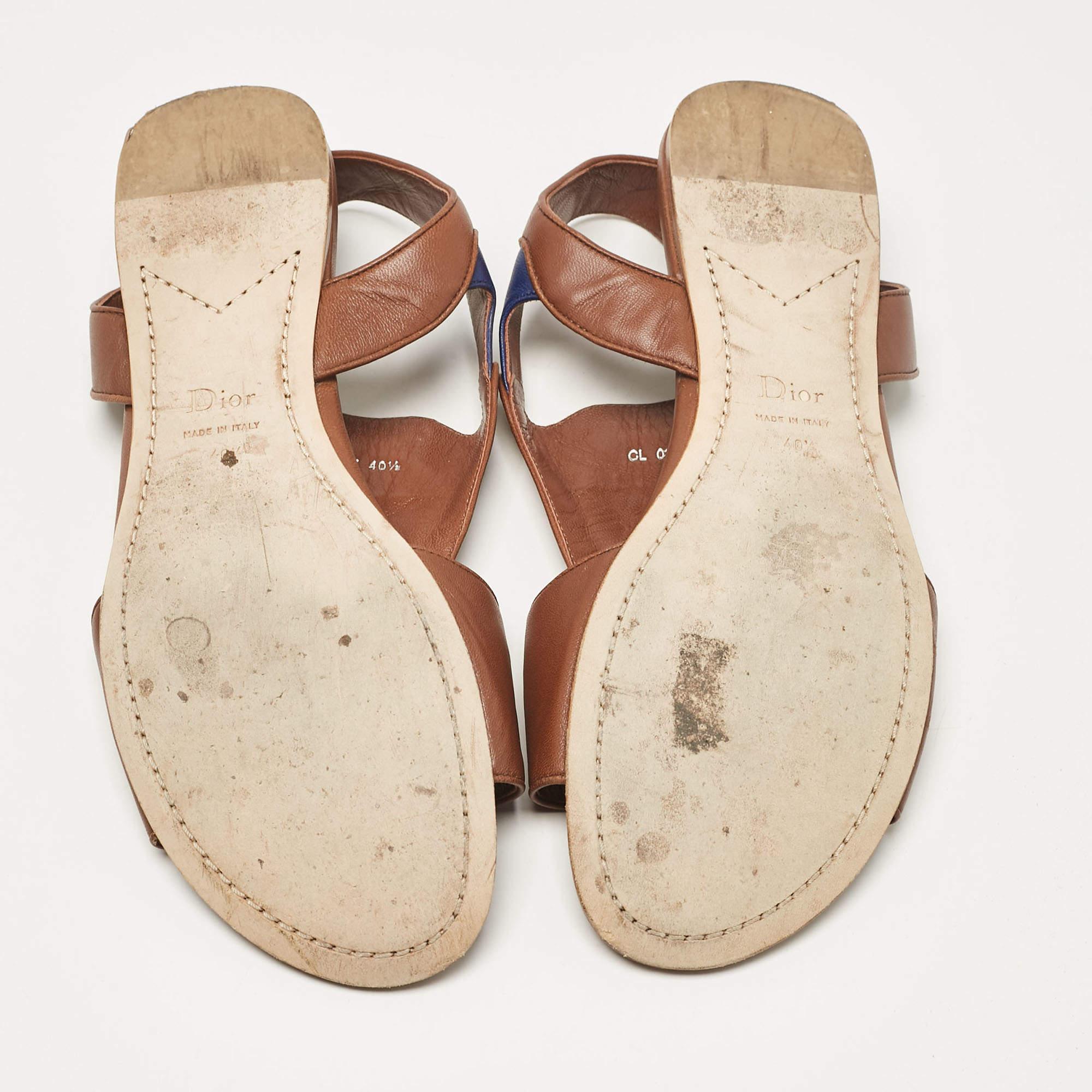 Dior Brown/Blue Leather Ankle Strap Flat Sandals Size 40.5 2