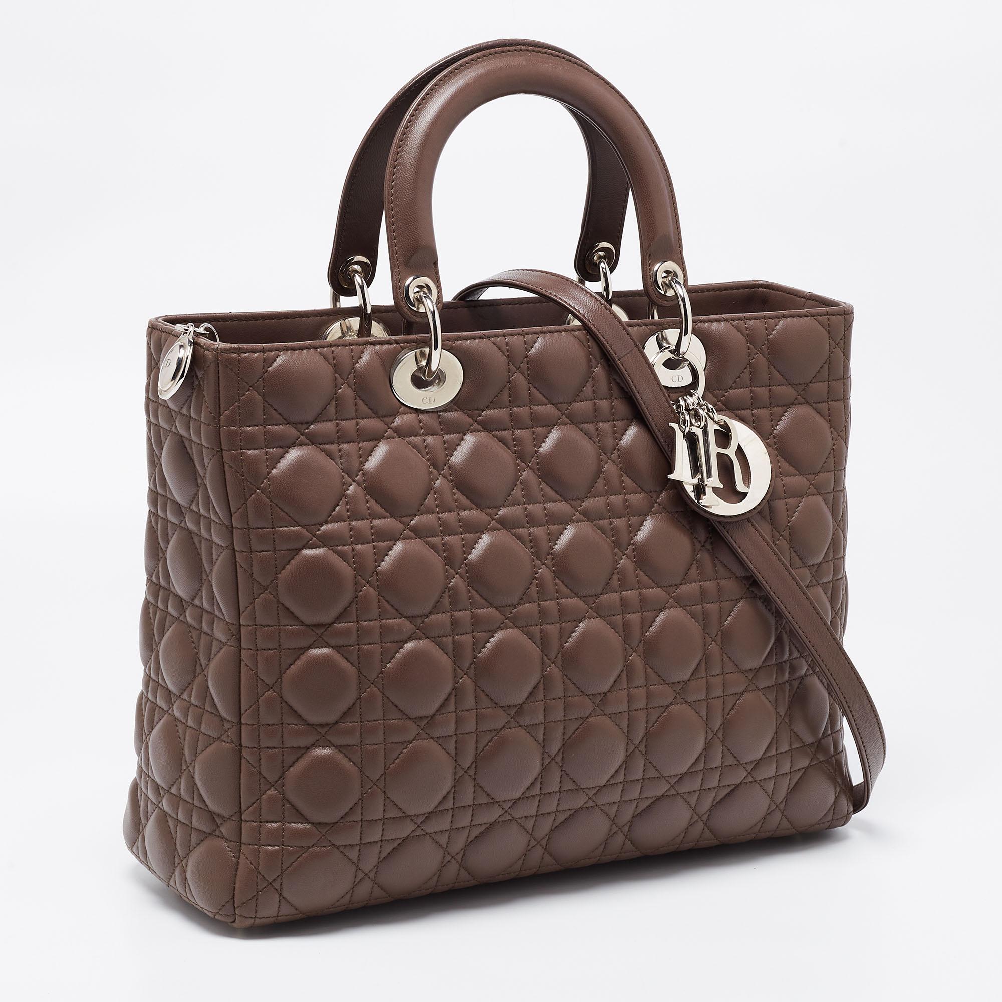 Dior Brown Cannage Leather Large Lady Dior Tote In Good Condition In Dubai, Al Qouz 2