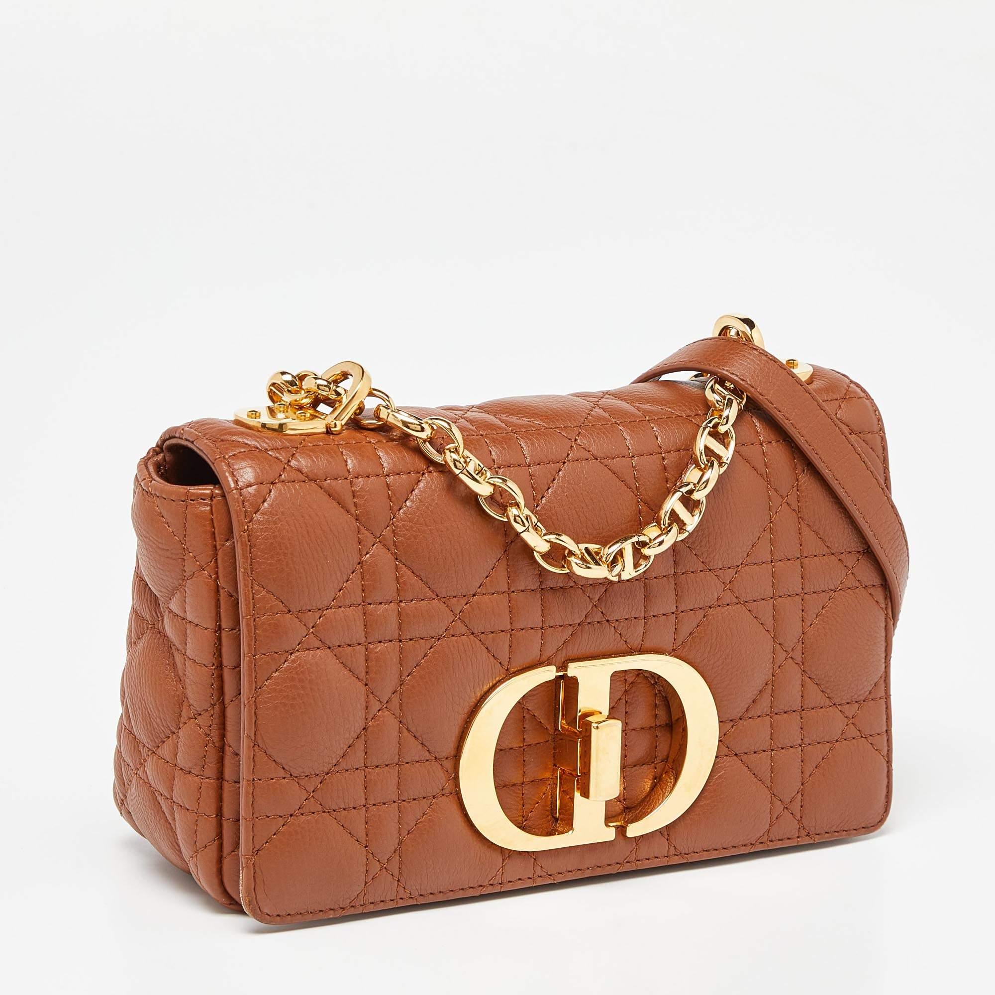 Dior Brown Cannage Leather Small Caro Shoulder Bag In Excellent Condition In Dubai, Al Qouz 2