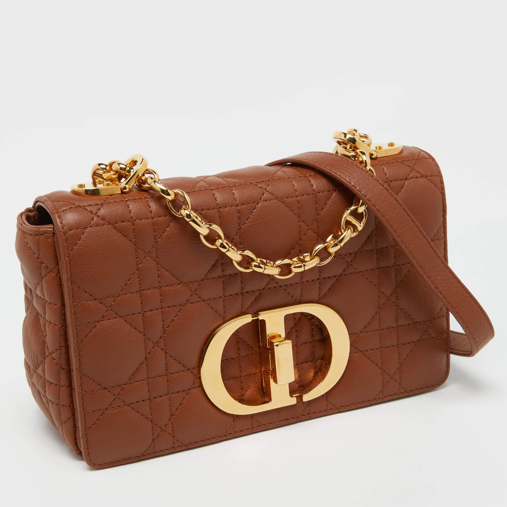 Dior Brown Cannage Leather Small Caro Shoulder Bag In Excellent Condition For Sale In Dubai, Al Qouz 2