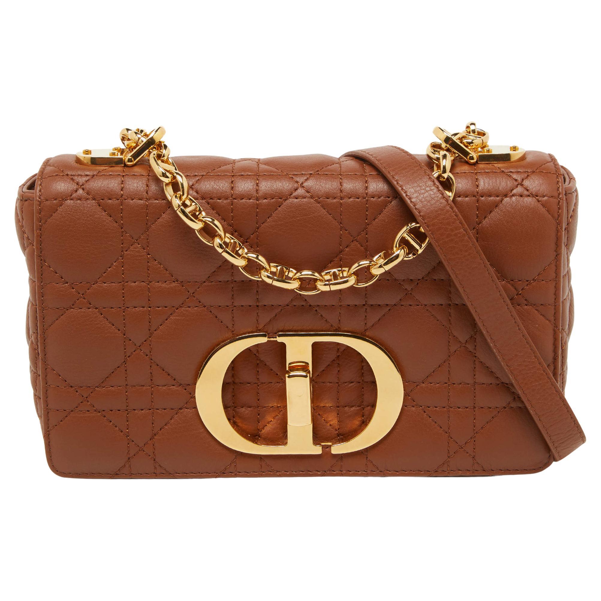 Dior Brown Cannage Leather Small Caro Shoulder Bag For Sale